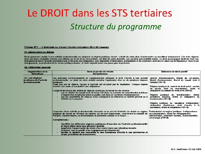  Le DROIT dans les STS tertiaires Structure du programme M. O. Kaufmann 20