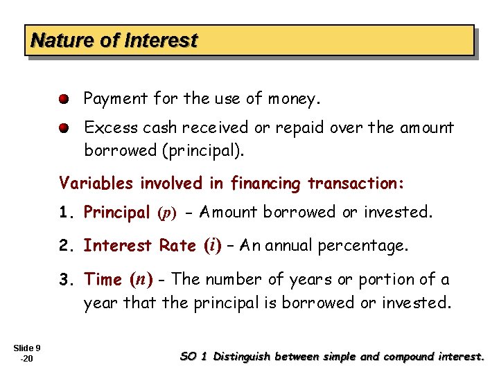 Nature of Interest Payment for the use of money. Excess cash received or repaid