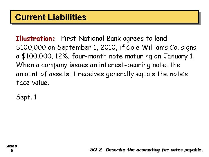 Current Liabilities Illustration: First National Bank agrees to lend $100, 000 on September 1,