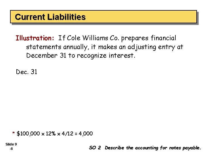 Current Liabilities Illustration: If Cole Williams Co. prepares financial statements annually, it makes an