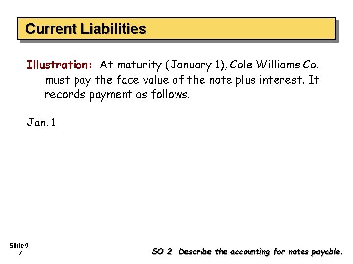 Current Liabilities Illustration: At maturity (January 1), Cole Williams Co. must pay the face