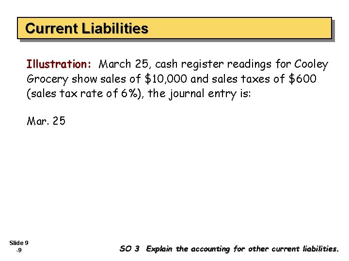 Current Liabilities Illustration: March 25, cash register readings for Cooley Grocery show sales of