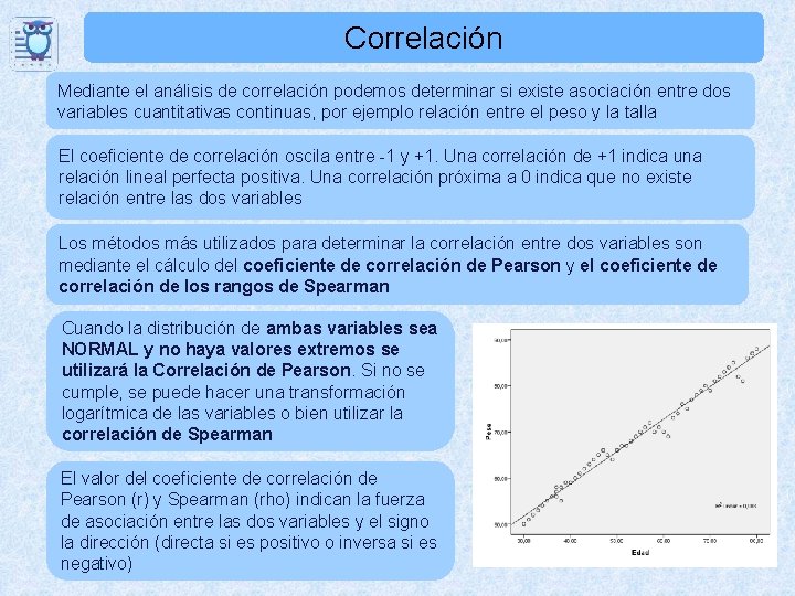 Correlación Mediante el análisis de correlación podemos determinar si existe asociación entre dos variables