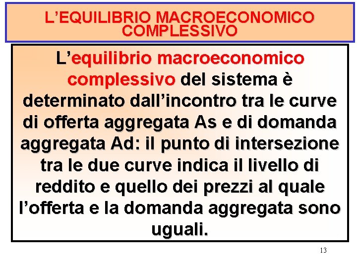 L’EQUILIBRIO MACROECONOMICO COMPLESSIVO L’equilibrio macroeconomico complessivo del sistema è determinato dall’incontro tra le curve