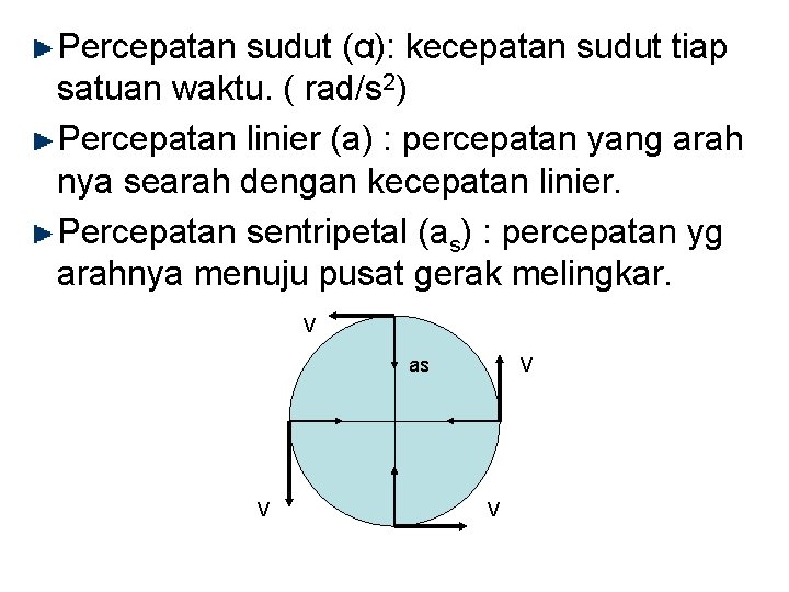 Percepatan sudut (α): kecepatan sudut tiap satuan waktu. ( rad/s 2) Percepatan linier (a)