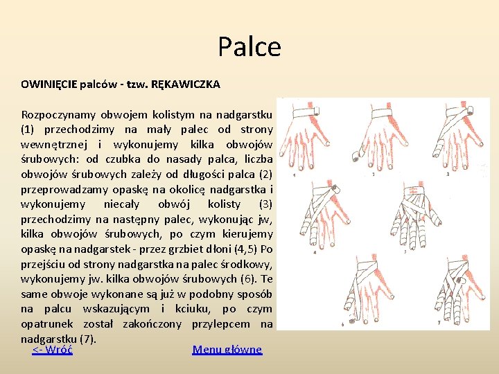 Palce OWINIĘCIE palców - tzw. RĘKAWICZKA Rozpoczynamy obwojem kolistym na nadgarstku (1) przechodzimy na