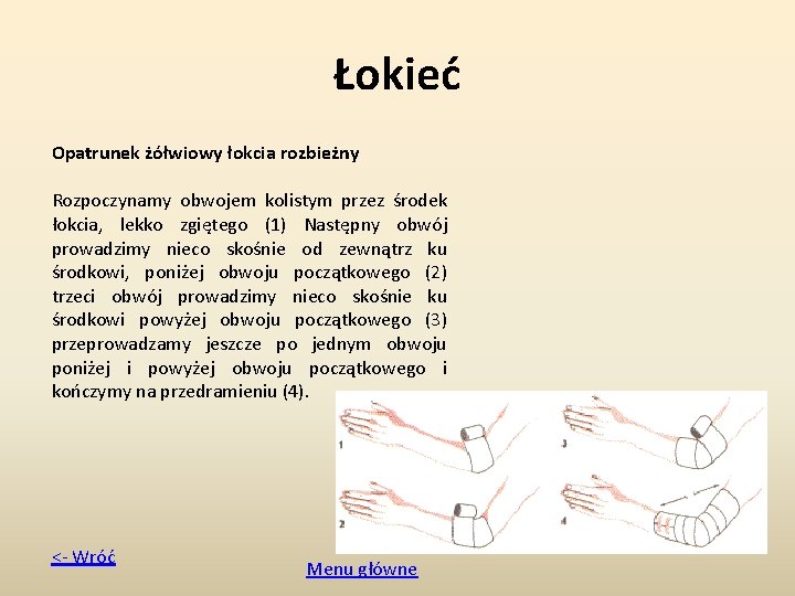 Łokieć Opatrunek żółwiowy łokcia rozbieżny Rozpoczynamy obwojem kolistym przez środek łokcia, lekko zgiętego (1)