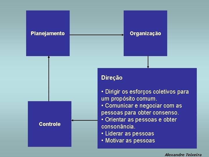 Planejamento Organização Direção Controle • Dirigir os esforços coletivos para um propósito comum. •
