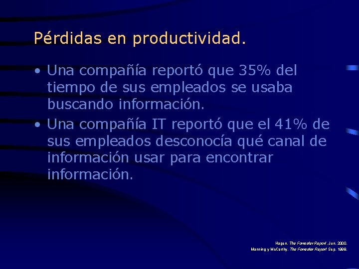 Pérdidas en productividad. • Una compañía reportó que 35% del tiempo de sus empleados