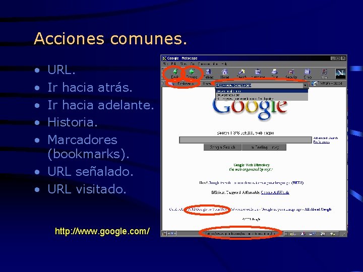 Acciones comunes. • • • URL. Ir hacia atrás. Ir hacia adelante. Historia. Marcadores