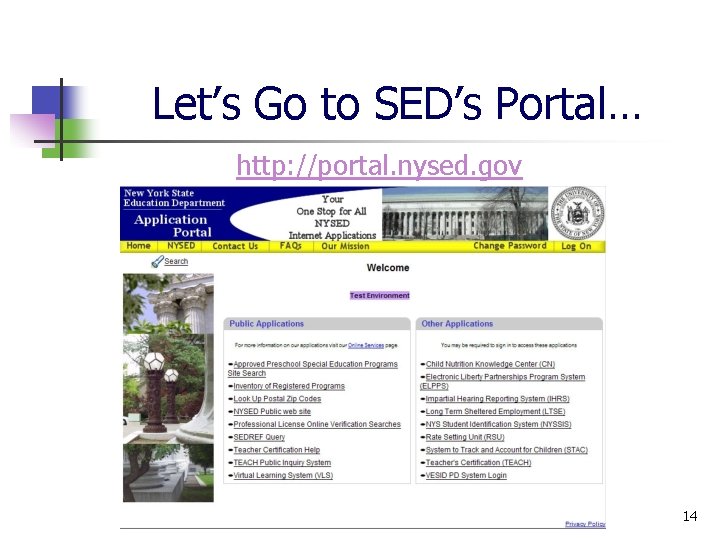 Let’s Go to SED’s Portal… http: //portal. nysed. gov 14 