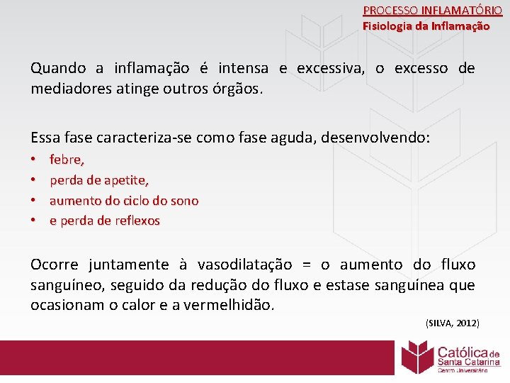 PROCESSO INFLAMATÓRIO Fisiologia da Inflamação Quando a inflamação é intensa e excessiva, o excesso