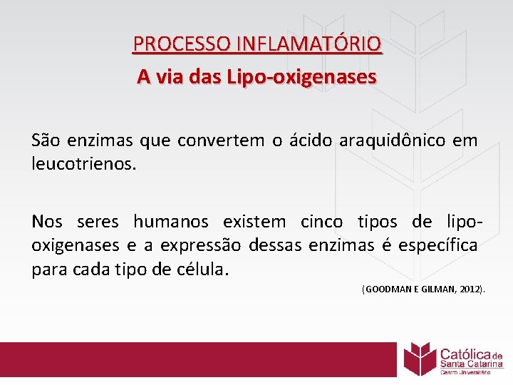 PROCESSO INFLAMATÓRIO A via das Lipo-oxigenases São enzimas que convertem o ácido araquidônico em