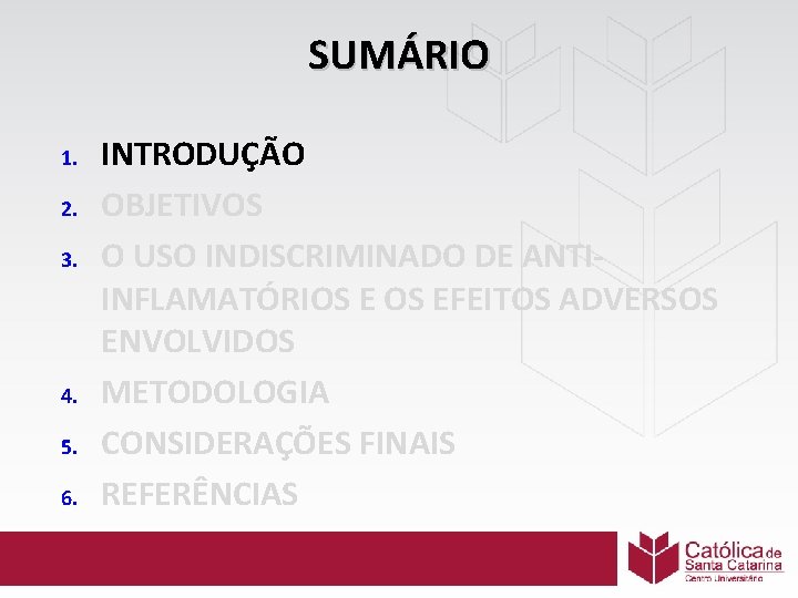 SUMÁRIO 1. 2. 3. 4. 5. 6. INTRODUÇÃO OBJETIVOS O USO INDISCRIMINADO DE ANTIINFLAMATÓRIOS