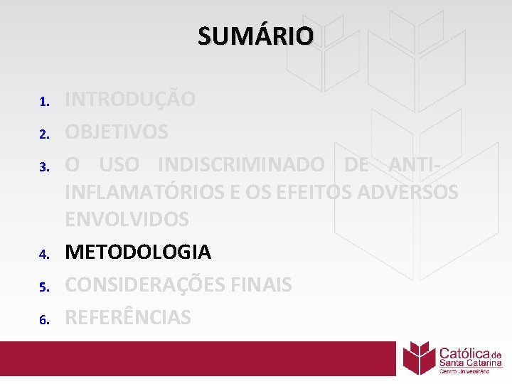 SUMÁRIO 1. 2. 3. 4. 5. 6. INTRODUÇÃO OBJETIVOS O USO INDISCRIMINADO DE ANTIINFLAMATÓRIOS