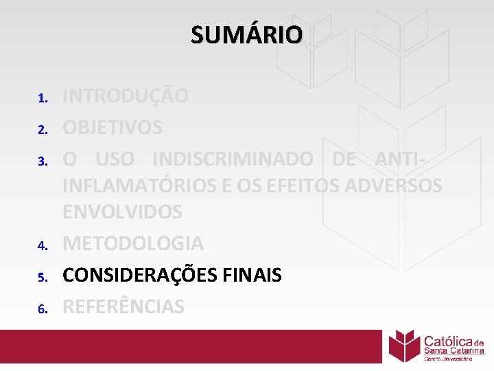 SUMÁRIO 1. 2. 3. 4. 5. 6. INTRODUÇÃO OBJETIVOS O USO INDISCRIMINADO DE ANTIINFLAMATÓRIOS