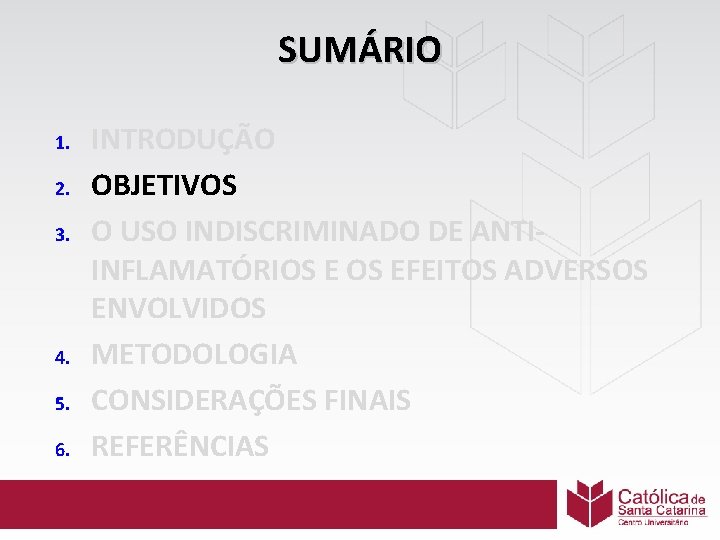 SUMÁRIO 1. 2. 3. 4. 5. 6. INTRODUÇÃO OBJETIVOS O USO INDISCRIMINADO DE ANTIINFLAMATÓRIOS