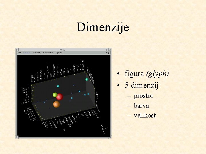 Dimenzije • figura (glyph) • 5 dimenzij: – prostor – barva – velikost 