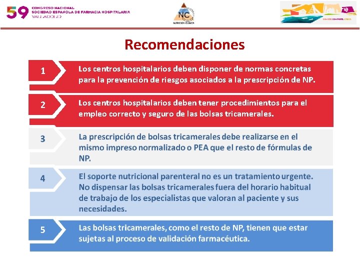 Recomendaciones 1 Los centros hospitalarios deben disponer de normas concretas para la prevención de