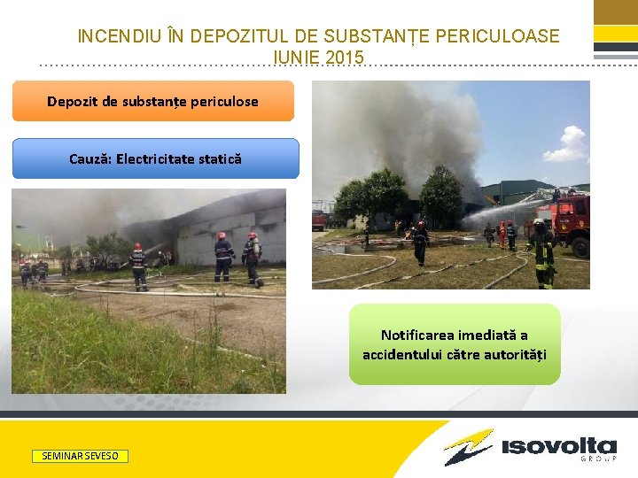 INCENDIU ÎN DEPOZITUL DE SUBSTANȚE PERICULOASE IUNIE 2015 Depozit de substanțe periculose Cauză: Electricitate