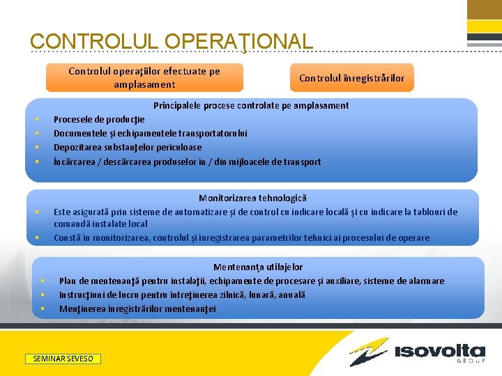 CONTROLUL OPERAŢIONAL Controlul operaţiilor efectuate pe amplasament Controlul înregistrărilor Principalele procese controlate pe amplasament