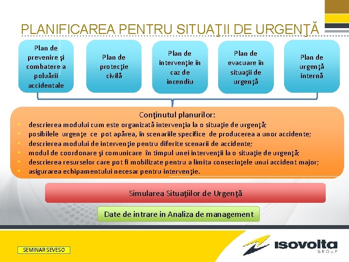 PLANIFICAREA PENTRU SITUAŢII DE URGENŢĂ Plan de prevenire şi combatere a poluării accidentale •