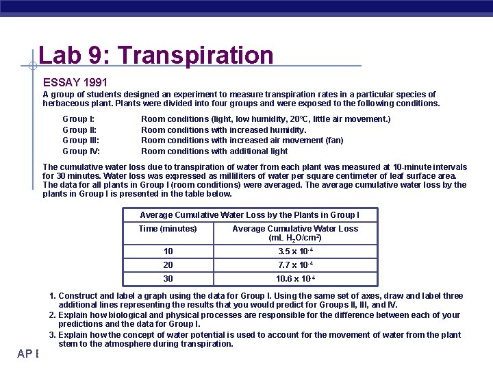 Lab 9: Transpiration ESSAY 1991 A group of students designed an experiment to measure