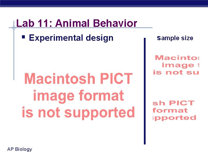 Lab 11: Animal Behavior § Experimental design AP Biology sample size 