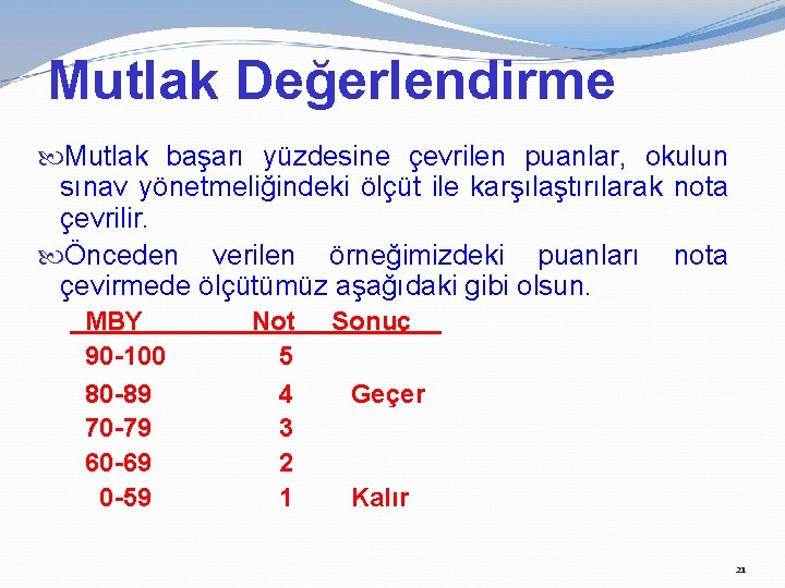 Mutlak Değerlendirme Mutlak başarı yüzdesine çevrilen puanlar, okulun sınav yönetmeliğindeki ölçüt ile karşılaştırılarak nota