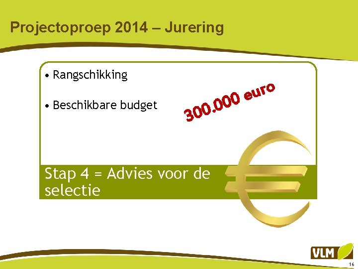 Projectoproep 2014 – Jurering • Rangschikking • Beschikbare budget o r u e 0