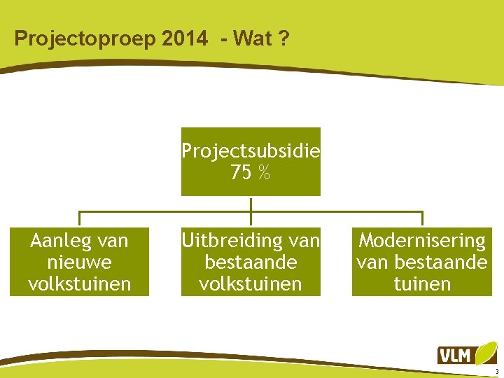 Projectoproep 2014 - Wat ? Projectsubsidie 75 % Aanleg van nieuwe volkstuinen Uitbreiding van