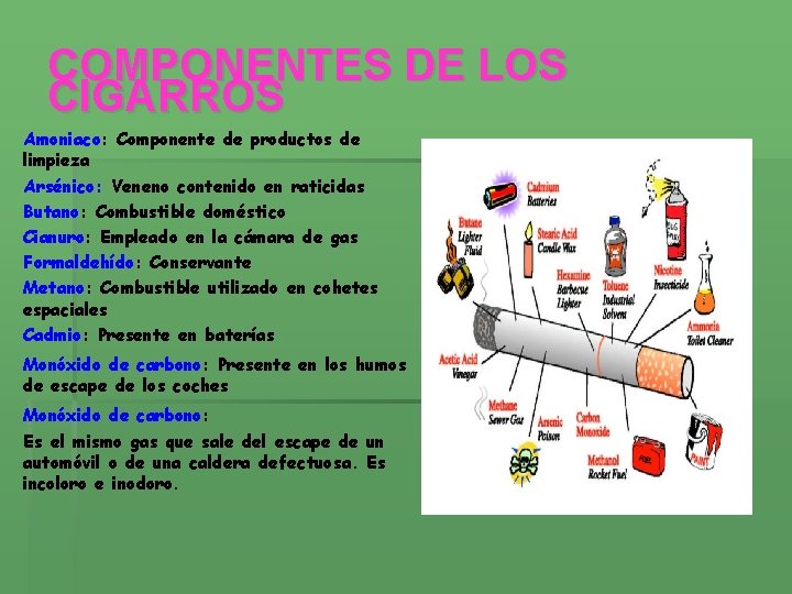 COMPONENTES DE LOS CIGARROS Amoniaco: Componente de productos de limpieza Arsénico: Veneno contenido en