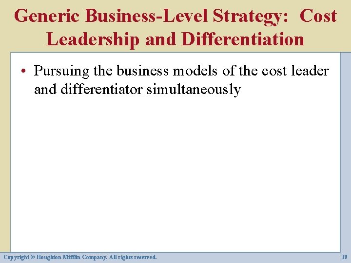 Generic Business-Level Strategy: Cost Leadership and Differentiation • Pursuing the business models of the