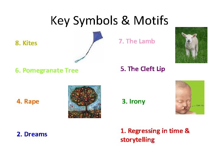 Key Symbols & Motifs 8. Kites 7. The Lamb 6. Pomegranate Tree 5. The