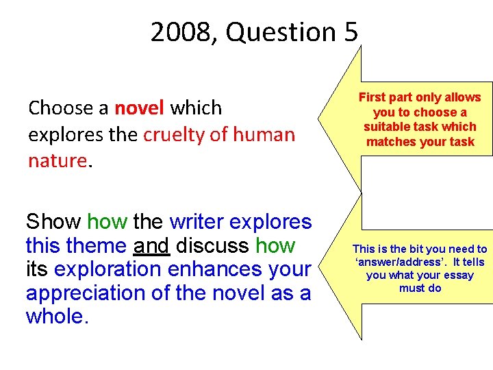 2008, Question 5 Choose a novel which explores the cruelty of human nature. Show