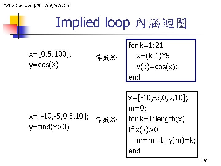 MATLAB 之 程應用：程式流程控制 Implied loop 內涵迴圈 x=[0: 5: 100]; y=cos(X) 等效於 x=[-10, -5, 0,