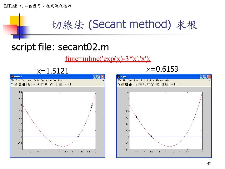 MATLAB 之 程應用：程式流程控制 切線法 (Secant method) 求根 script file: secant 02. m func=inline('exp(x)-3*x', 'x');