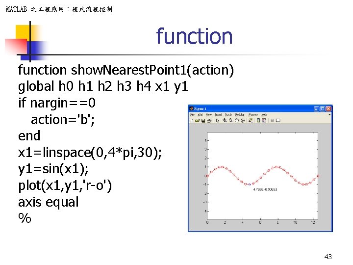 MATLAB 之 程應用：程式流程控制 function show. Nearest. Point 1(action) global h 0 h 1 h