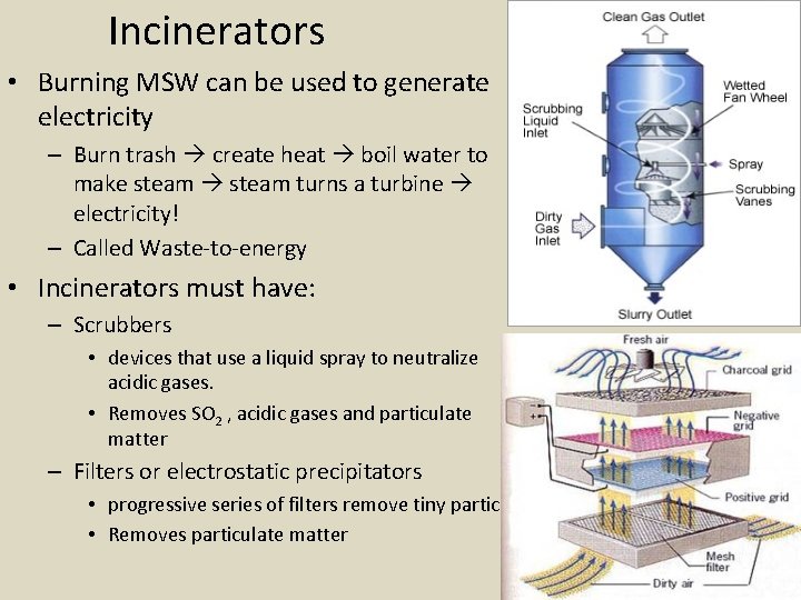 Incinerators • Burning MSW can be used to generate electricity – Burn trash create