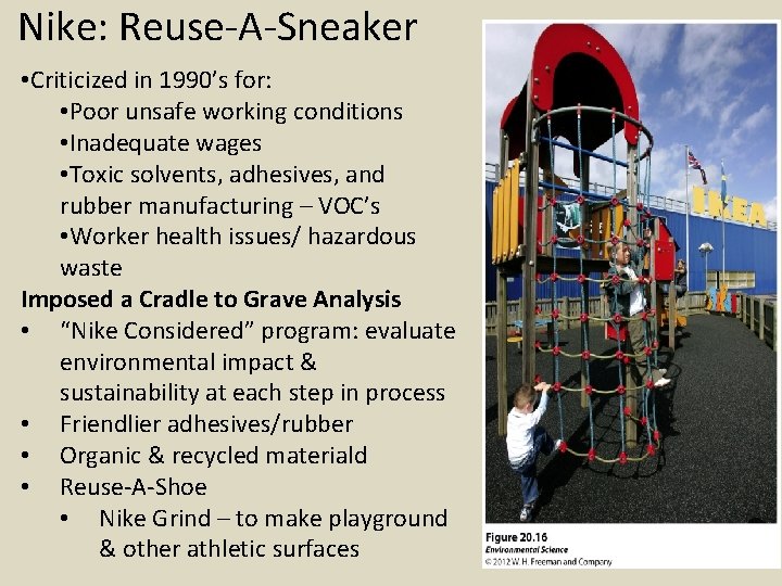 Nike: Reuse-A-Sneaker • Criticized in 1990’s for: • Poor unsafe working conditions • Inadequate