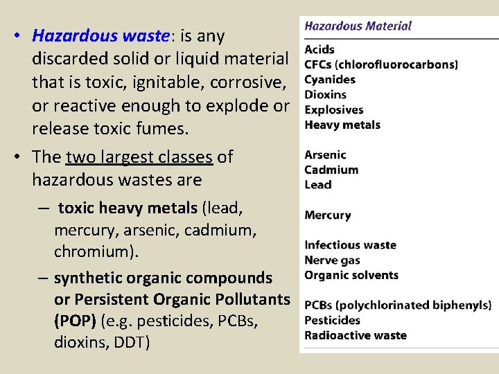  • Hazardous waste: is any discarded solid or liquid material that is toxic,