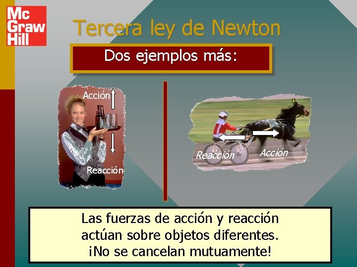 Tercera ley de Newton Dos ejemplos más: Acción Reacción Las fuerzas de acción y