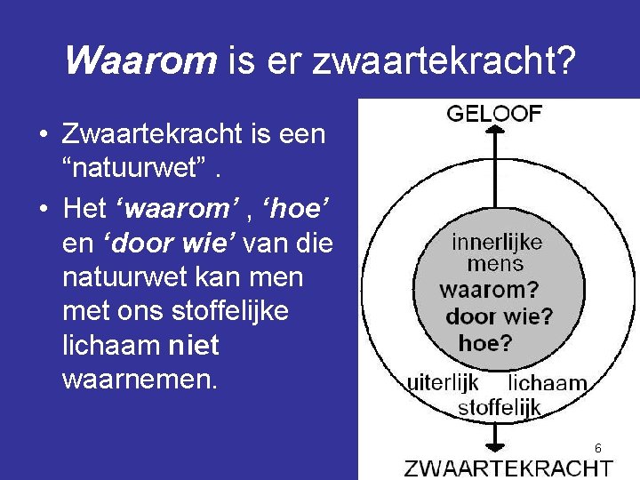 Waarom is er zwaartekracht? • Zwaartekracht is een “natuurwet”. • Het ‘waarom’ , ‘hoe’