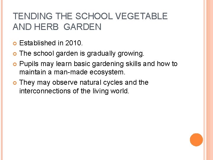 TENDING THE SCHOOL VEGETABLE AND HERB GARDEN Established in 2010. The school garden is