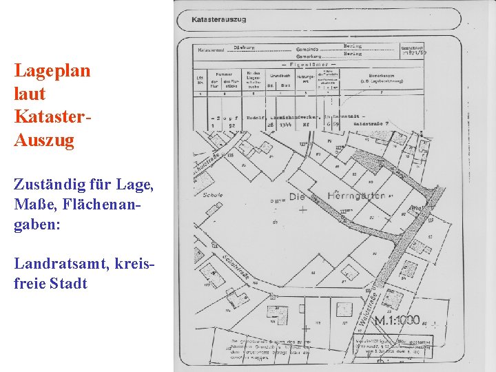 Lageplan laut Kataster. Auszug Zuständig für Lage, Maße, Flächenangaben: Landratsamt, kreisfreie Stadt 