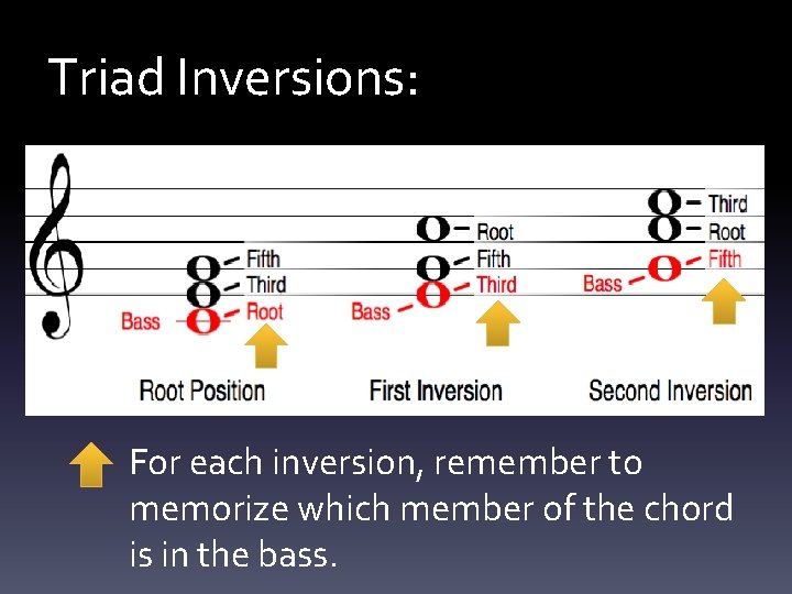 Triad Inversions: For each inversion, remember to memorize which member of the chord is