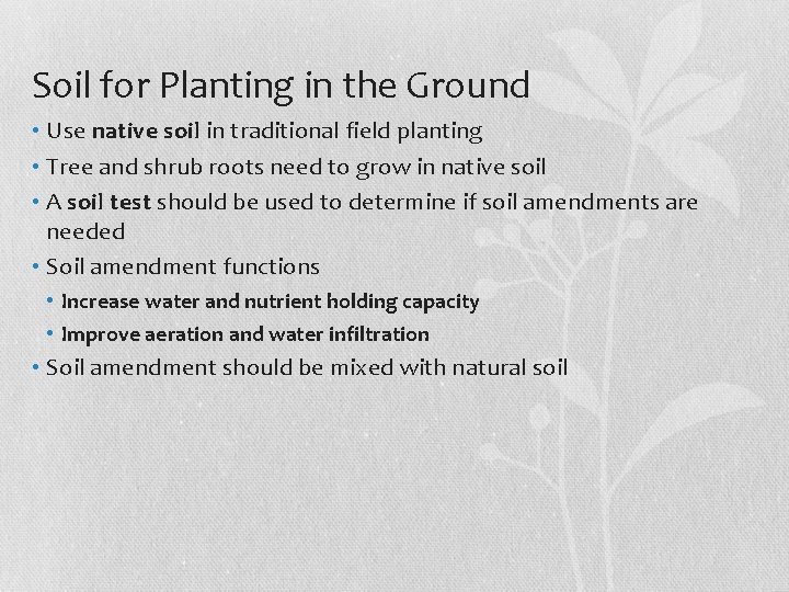 Soil for Planting in the Ground • Use native soil in traditional field planting