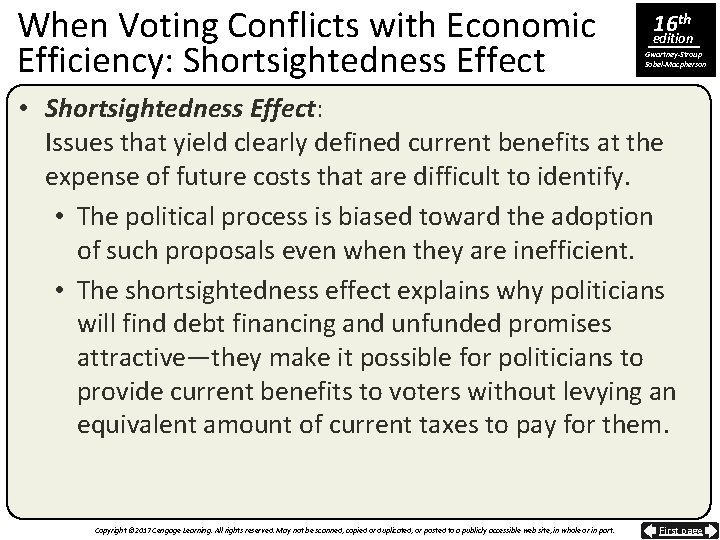 When Voting Conflicts with Economic Efficiency: Shortsightedness Effect 16 th edition Gwartney-Stroup Sobel-Macpherson •
