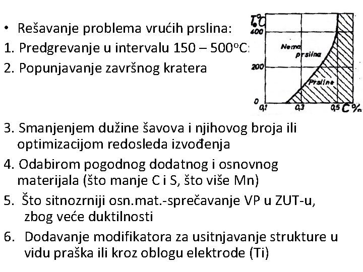  • Rešavanje problema vrućih prslina: 1. Predgrevanje u intervalu 150 – 500 o.