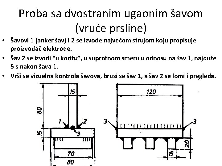 Proba sa dvostranim ugaonim šavom (vruće prsline) • Šavovi 1 (anker šav) i 2